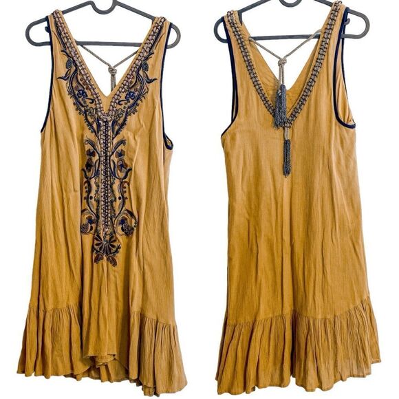 Free People Embroidered Tassel Mini Dress Mustard S - Picture 4 of 8